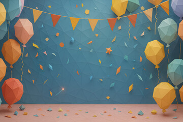 Colorful origami party decorations background with paper hats confetti streamers and geometric shapes leaving central space for custom celebration text