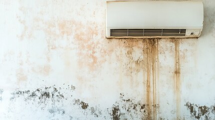 A studio apartment with dripping AC unit and wall fungus beneath it .
