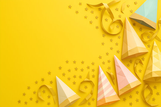 Colorful origami party decorations background with paper hats confetti streamers and geometric shapes leaving central space for custom celebration text