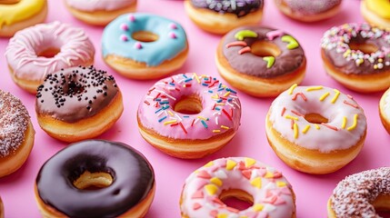 Close-up of assorted mini donuts with different frostings and decorations on a vivid color surface for bakery promotion