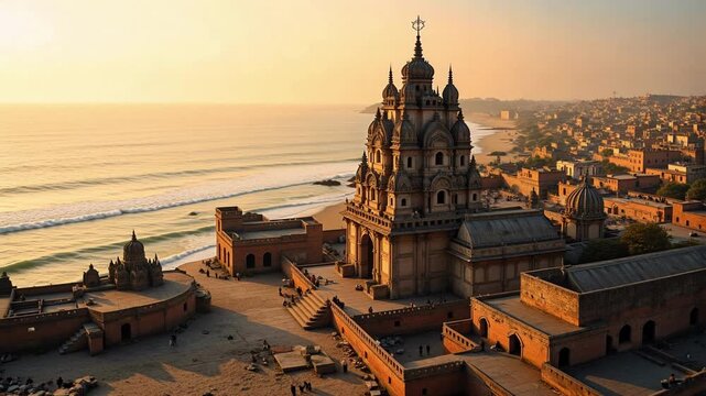 Breathtaking Dwarkadhish Temple aerial view meets vast Arabian Sea, ancient spiritual hub bathed in warm coastal light, dynamic 4k footage.