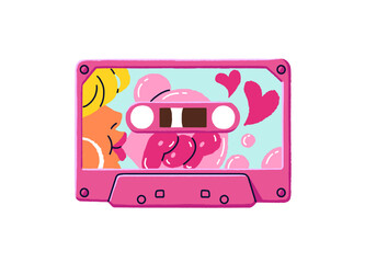 Cute colourful design of vintage cassette. Template of pop music mix tape. Pink retro mixtape. Plastic audiocassette with audio records. Flat isolated vector illustration on white background
