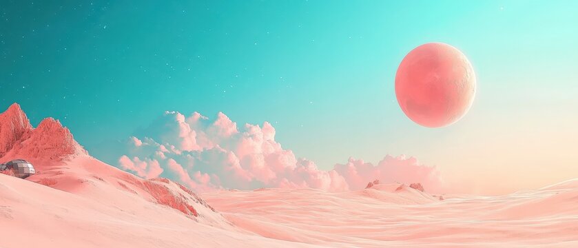 Surreal alien desert landscape with pink sand, fluffy clouds, a distant metallic structure, and a large pink planet under a teal sky.