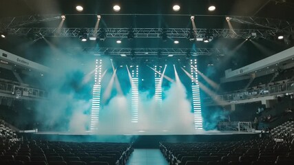 The stage is set with multiple illuminated LED panels glowing in a synchronized light display. The large arena is filled with empty seats fading into darkness, with haze lingering