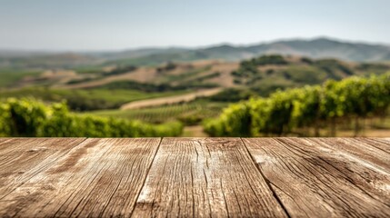 Rustic Wooden Tabletop Overlooking a Blurred Vineyard Landscape, Perfect for Product Display and Food Presentations