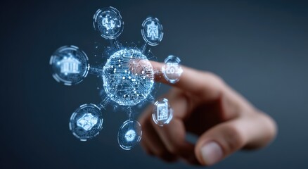 Hand interacting with a holographic sphere of interconnected home automation icons