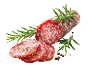 Sliced salami with rosemary sprigs and peppercorns