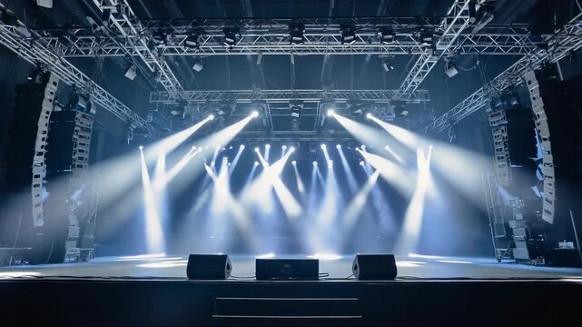 Row of spotlights mounted along the front edge of stage, lights pan upward slowly, crossing beams mid-air, vast stage surrounded by towering speakers and hanging rig systems