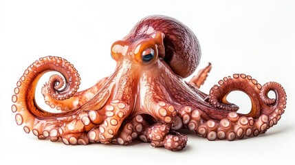 Fototapeta premium Fresh raw octopus with curled tentacles isolated on a clean white background, showcasing texture and natural color