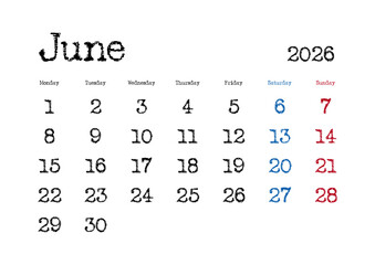 2026年6月のタイプライター文字カレンダー 月曜始まり