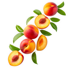 Fresh peaches and leaves isolated on transparent background
