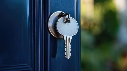 High-resolution shot of a key inserted into a house door lock, representing home rental or property management