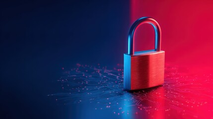 Padlock on digital surface with blue and red lights symbolizing security, privacy, and cybersecurity concept