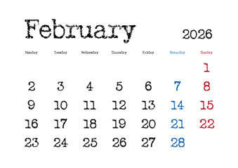 2026年2月のタイプライター文字カレンダー 月曜始まり 日本の祝日表記無し