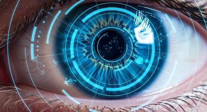 Macro shot of a blue eye enhanced with glowing circular scanning graphics, symbolizing modern biometric verification and digital security.