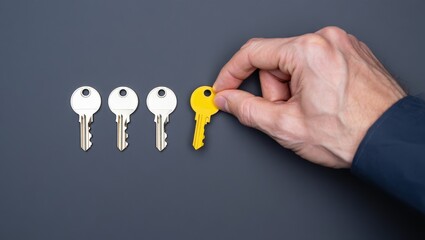 Find the right key concept: hand picking unique yellow key from silver key selection