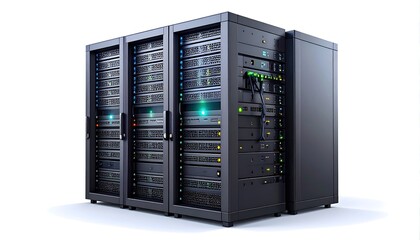 Three large black server racks, angled, on a white background, with various lights and cables visible