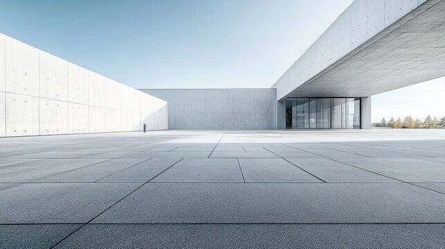 Open concrete ground in front of a public building, showcasing clean lines and minimalist architectural style