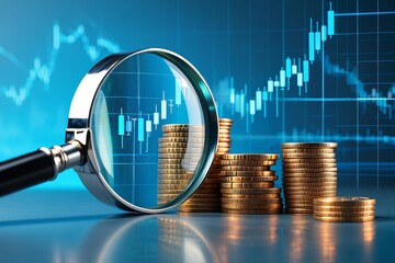 Analyzing stock market trends with magnifying glass and coins for investment growth