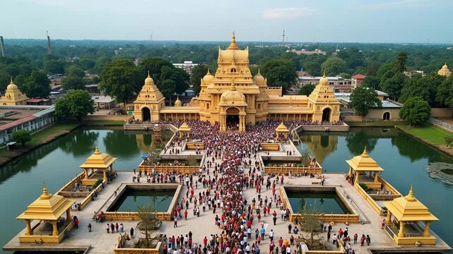 Stunning aerial drone footage captures the sacred Mantralayam Raghavendra Swamy Mutt complex, riverbanks, and orderly pilgrim crowds in breathtaking 4K clarity.
