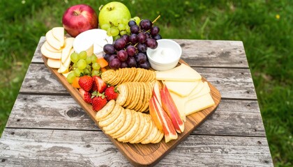 A wooden board holds an arrangement of sliced apples, grapes, cheese, crackers, strawberries, and a small bowl of dip.