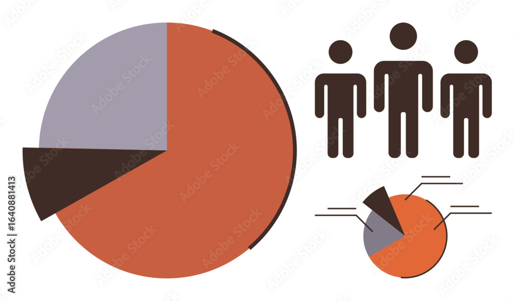 Poster large pie chart, smaller segmented chart, and three minimalist human figures. ideal for data analysi
