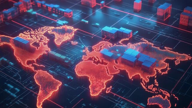 Global shipping and logistics network connecting world map with cargo containers