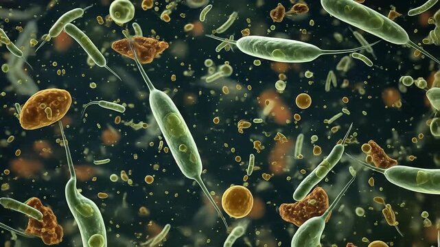 Microscopic view of tapeworm parasites and bacteria. 4K Video