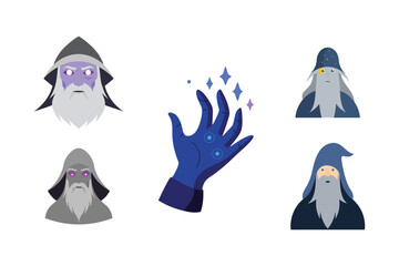 wizard casting spell color vector illustration set on white background