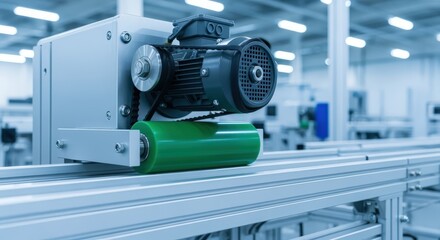 Automated Conveyor System Detail with Motor, Belt, and Roller for Manufacturing Efficiency and Production