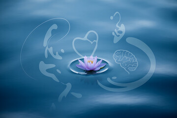 Serene lotus blossom floating on calm water with abstract organic life symbols representing health and well-being, invoking tranquility and holistic balance.
