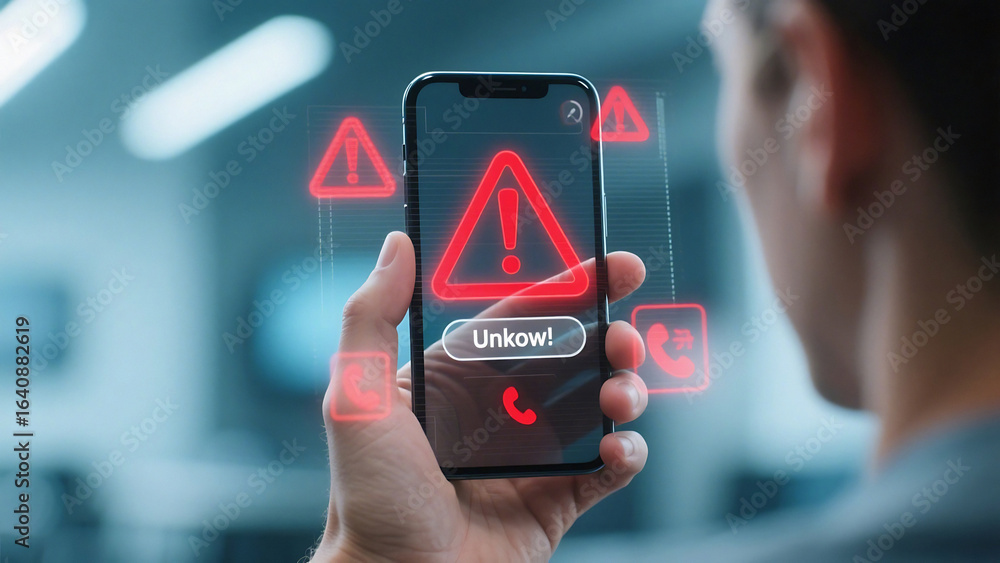 Poster person holding a smartphone displaying critical warning alerts and a red emergency call icon with a 