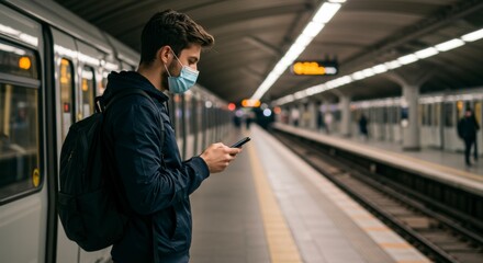 Waiting for the subway a young man with a mask uses his phone at an urban metro station capturing daily commute life in a modern environment