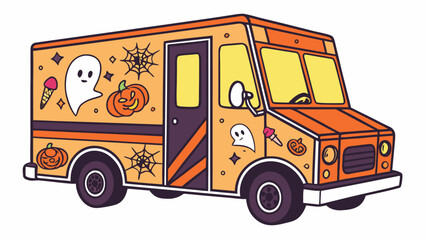 Whimsical halloween food truck decorated with ghosts pumpkins ice cream and spiderwebs for a spooky treat experience