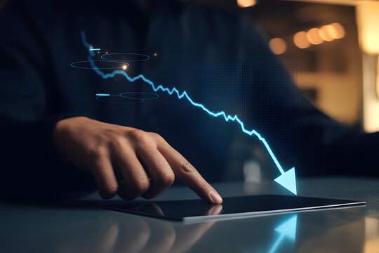 Person touching tablet displaying downward trending graph - Powered by Adobe