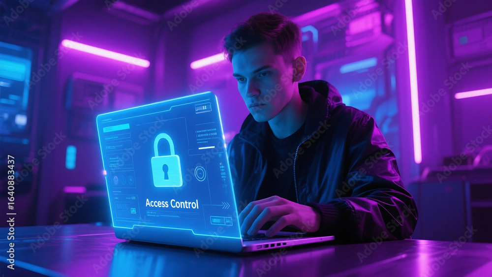 Poster cybersecurity professional intensely focuses on a glowing laptop screen displaying a digital lock ic
