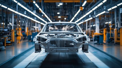 Fototapeta premium Car chassis on assembly line in modern factory.