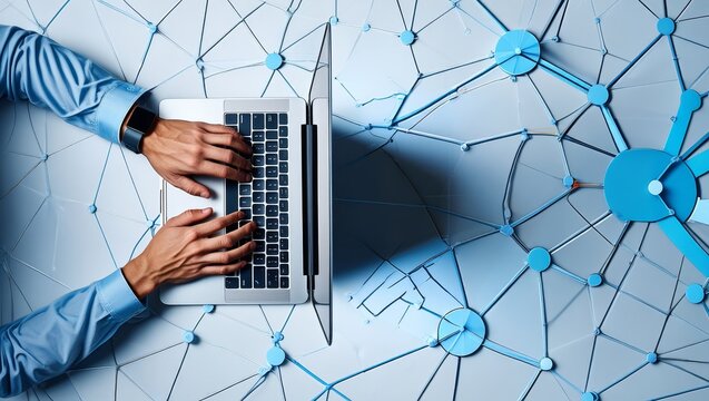 Top view of person typing on laptop with network diagram background for technology