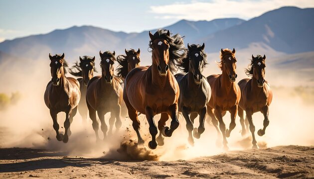Majestic Herd of Wild Horses Galloping Through Dust in a Scenic Landscape.