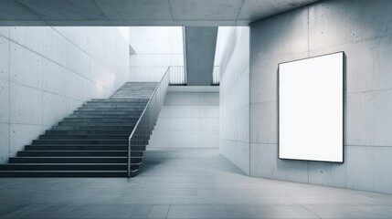 Fototapeta premium Blank White Poster Mockup on Concrete Wall with Staircase, Perfect for Modern Advertising and Design