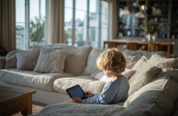 Young child using tablet on sofa in living room