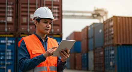 Logistics operations conducted by a warehouse manager at a shipping yard digital device usage industrial environment professional viewpoint