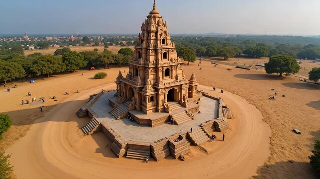 Majestic aerial drone view reveals Nageshwar Jyotirlinga Temple's divine sanctum, spiritual energy flowing across open, serene terrain.