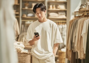 Customer using smartphone in clothing store browsing new collection