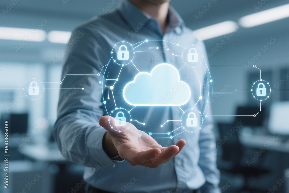 Poster man holding a glowing cloud icon with digital security locks and network connections in a modern off