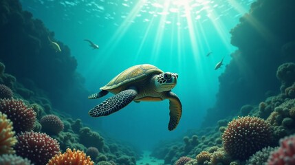 Fototapeta premium Sea Turtle Swimming Through a Coral Reef Under Sunlight
