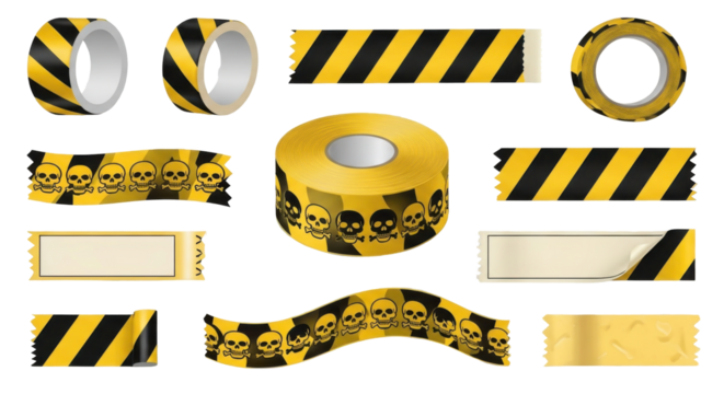 A collection of adhesive warning tapes, including rolls and strips with yellow and black hazard stripes and skull patterns.