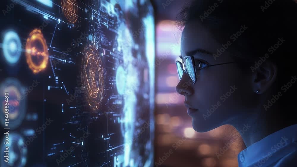 Poster scientist analyzing data on futuristic transparent display in a modern laboratory