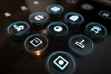 Discover a world of digital possibilities with glowing neon icons on sleek, modern interface buttons