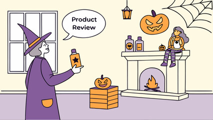 Witch reviews halloween themed products in a cozy room with a fireplace pumpkins and spiderwebs creating a festive atmosphere